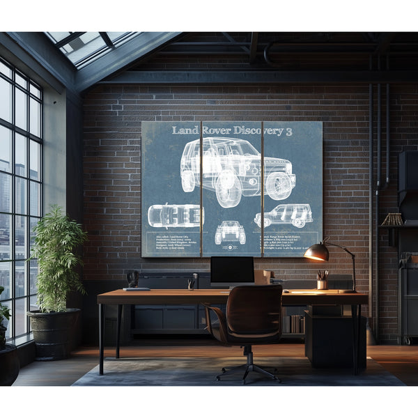 Land Rover Discovery Blueprint Art Print as a 3 panel canvas wrap in an industrial loft office