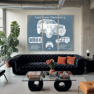 Land Rover Discovery Blueprint Art Print as a 3 panel canvas wrap in a modern living room