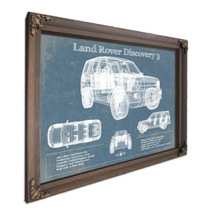 Land Rover Discovery Blueprint Art Print in a Bourbon stained wood frame with antique gold corners