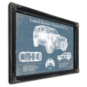 Land Rover Discovery Blueprint Art Print in a distressed Vintage Black wood frame with ornate corners