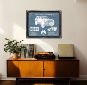Land Rover Discovery Blueprint Art Print framed in Vintage Black in a loft bedroom