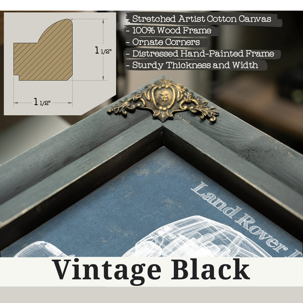 Vintage Black frame corner detail, 1.5 inch ornate wood moulding, Land Rover Discovery Blueprint Art Print