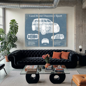 Land Rover Discovery Blueprint Art Print as a 3 panel canvas wrap in a modern living room