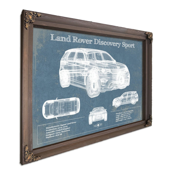 Land Rover Discovery Blueprint Art Print in a Bourbon stained wood frame with antique gold corners