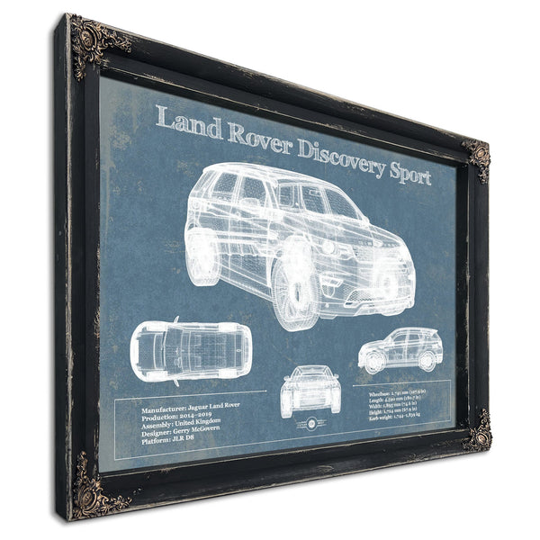 Land Rover Discovery Blueprint Art Print in a distressed Vintage Black wood frame with ornate corners