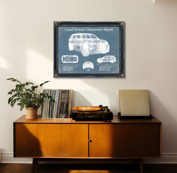 Land Rover Discovery Blueprint Art Print framed in Vintage Black in a loft bedroom
