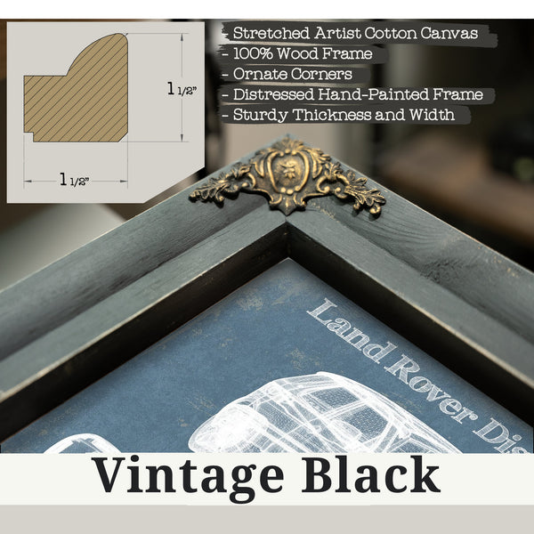 Vintage Black frame corner detail, 1.5 inch ornate wood moulding, Land Rover Discovery Blueprint Art Print