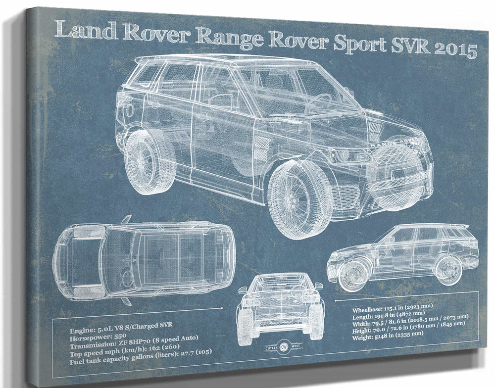 14" x 11" / Stretched Canvas Wrap Cutler West Land Rover Range Rover Sport SVR 2015 Vintage Blueprint Auto Print