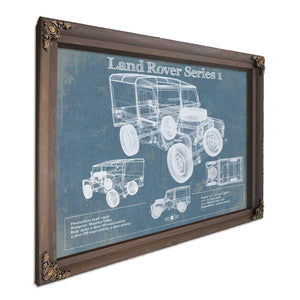 Land Rover Series Blueprint Art Print in a Bourbon stained wood frame with antique gold corners