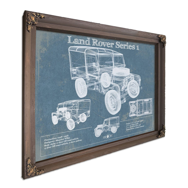 Land Rover Series Blueprint Art Print in a Bourbon stained wood frame with antique gold corners