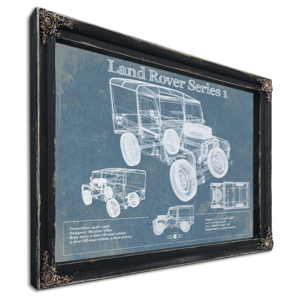 Land Rover Series Blueprint Art Print in a distressed Vintage Black wood frame with ornate corners