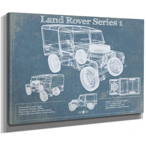 Land Rover Series Blueprint Art Print as a stretched canvas wrap with gallery wrapped edges
