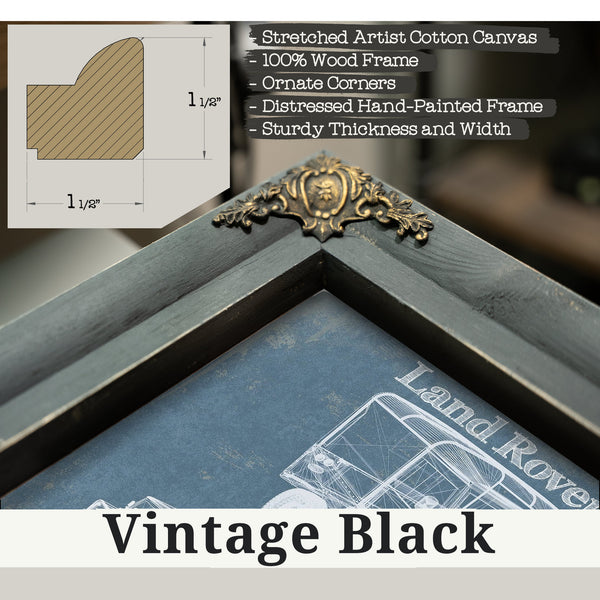 Vintage Black frame corner detail, 1.5 inch ornate wood moulding, Land Rover Series Blueprint Art Print