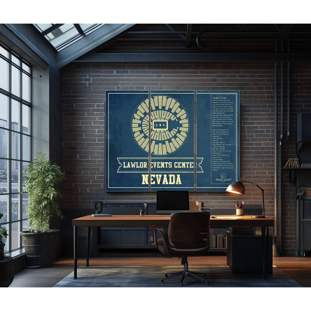 Lawlor Events Center Nevada Wolf Pack College Print in a distressed Vintage Black wood frame with ornate corners