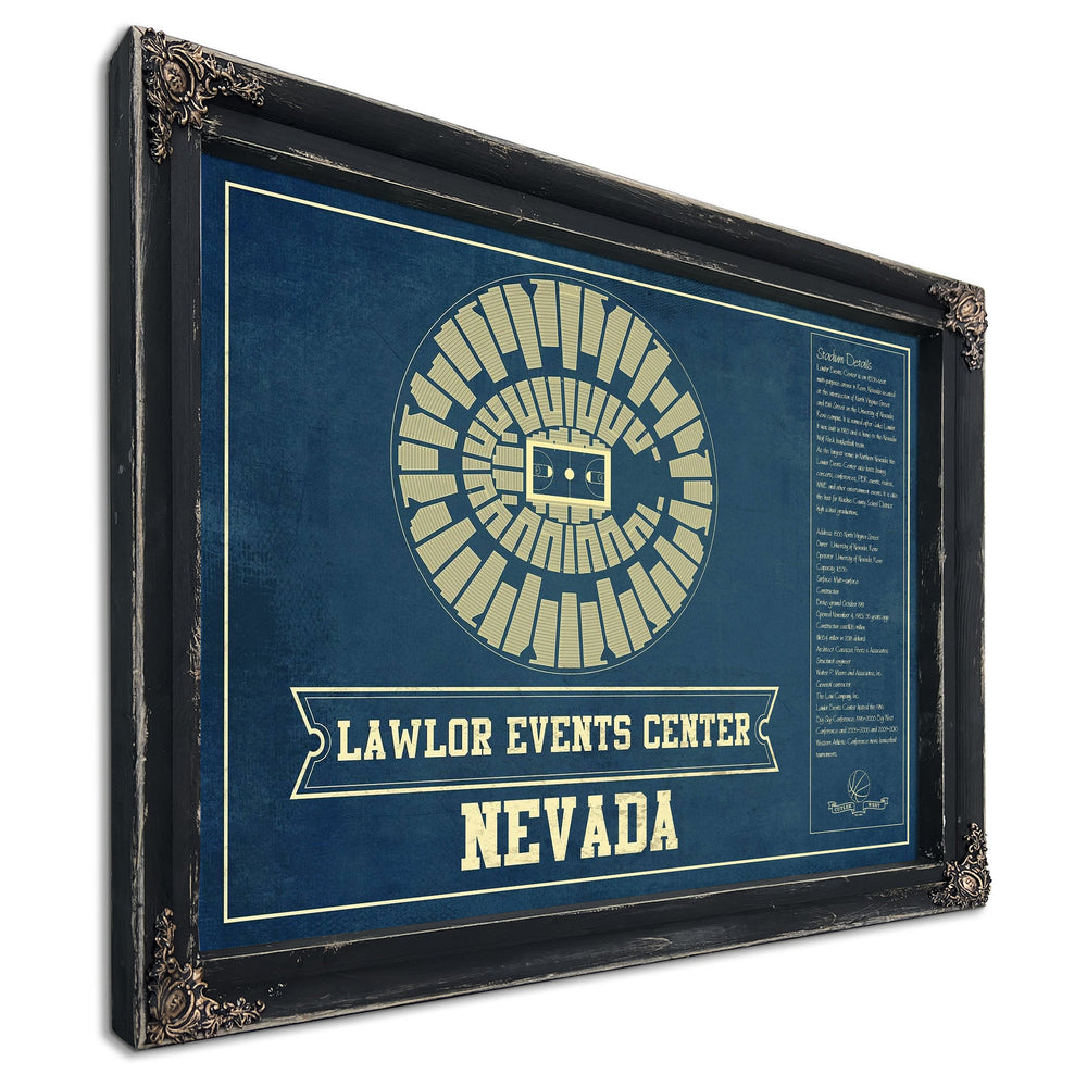 Lawlor Events Center Nevada Wolf Pack College Print in a distressed Vintage Black wood frame with ornate corners