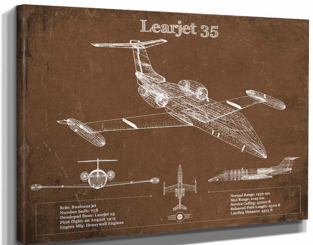 14" x 11" / Stretched Canvas Wrap Cutler West Learjet 35 Vintage Blueprint Airplane Print