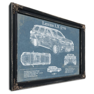 Lexus LX 570 Blueprint Art Print in a distressed Vintage Black wood frame with ornate corners