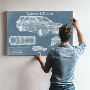 Lexus LX 570 Blueprint Art Print framed in Vintage Black above a mid-century record console