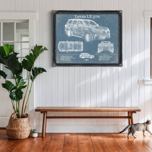 Lexus LX 570 Blueprint Art Print framed in Vintage Black above a rustic console table