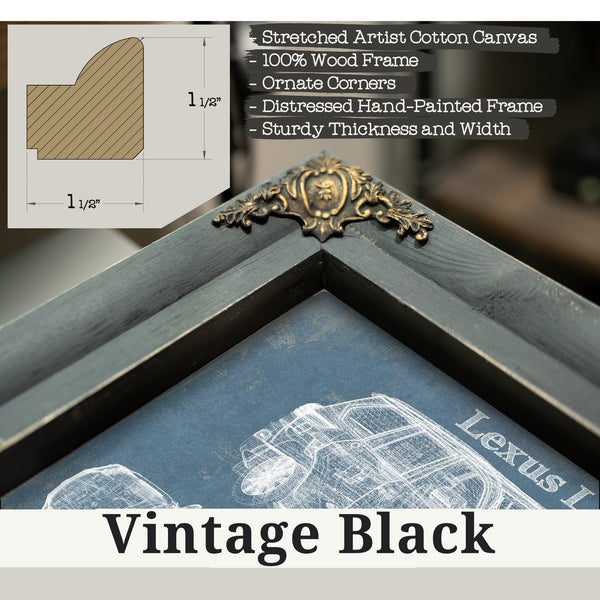 Vintage Black frame corner detail, 1.5 inch ornate wood moulding, Lexus LX 570 Blueprint Art Print