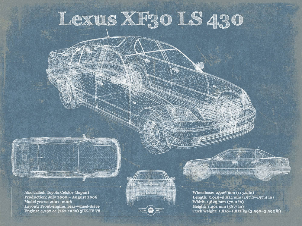 14" x 11" / Stretched Canvas Wrap Cutler West Lexus XF30 LS 430 Vintage Blueprint Auto Print