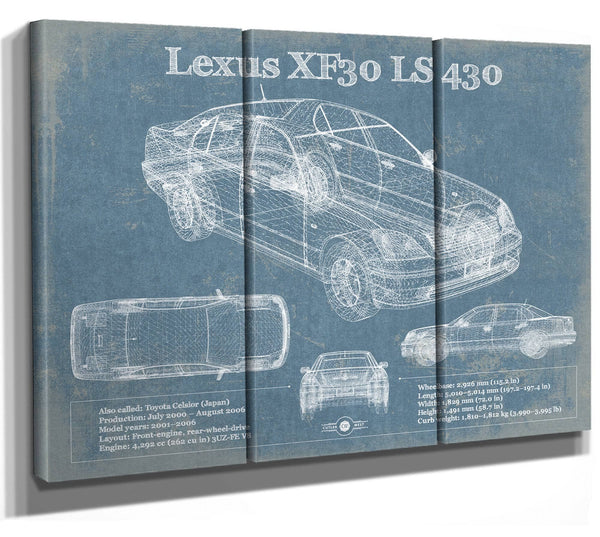36" x 24" / 3 Panel Canvas Wrap Cutler West Lexus XF30 LS 430 Vintage Blueprint Auto Print