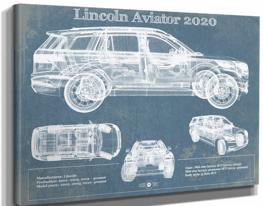 14" x 11" / Stretched Canvas Wrap Cutler West Lincoln Aviator 2020 Vintage Blueprint Print