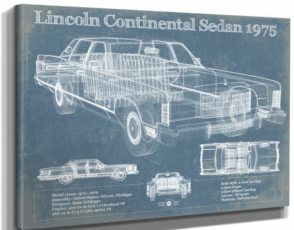 14" x 11" / Stretched Canvas Wrap Cutler West Lincoln Continental Sedan 1975 Vintage Blueprint Auto Print