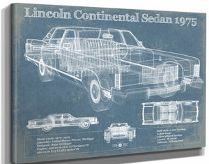 14" x 11" / Stretched Canvas Wrap Cutler West Lincoln Continental Sedan 1975 Vintage Blueprint Auto Print