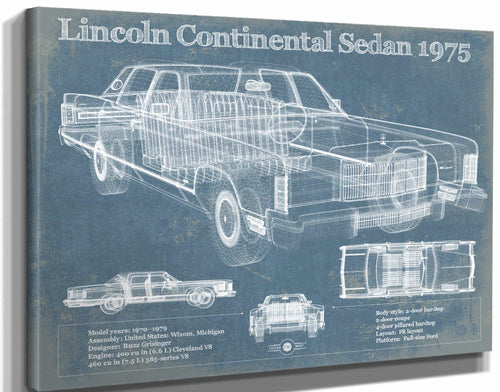 14" x 11" / Stretched Canvas Wrap Cutler West Lincoln Continental Sedan 1975 Vintage Blueprint Auto Print