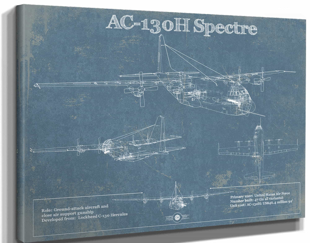 14" x 11" / Stretched Canvas Wrap Cutler West Lockheed AC-130H Spectre Vintage Aviation Blueprint Military Print