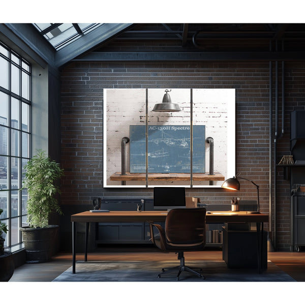 Lockheed AC-130H Spectre Blueprint Aviation Print as a 3 panel canvas wrap in an industrial loft office