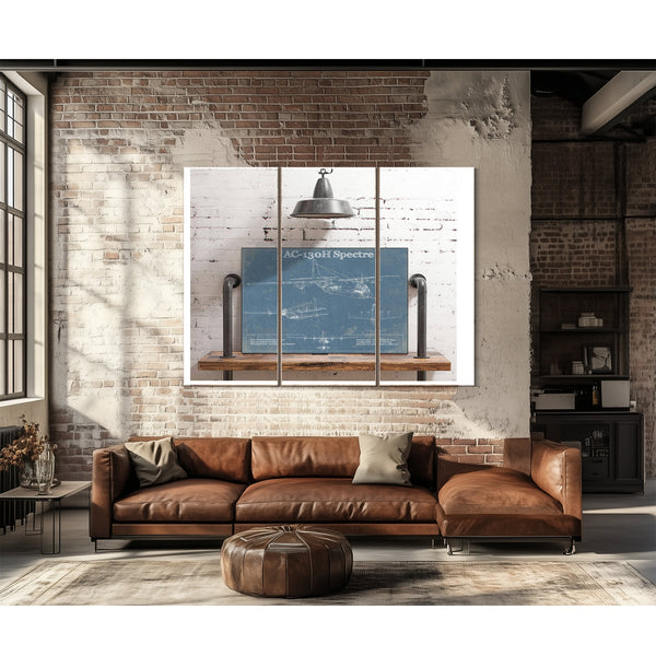 Lockheed AC-130H Spectre Blueprint Aviation Print as a 3 panel canvas wrap above a leather sofa