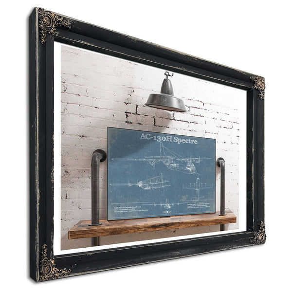Lockheed AC-130H Spectre Blueprint Aviation Print in a distressed Vintage Black wood frame with ornate corners