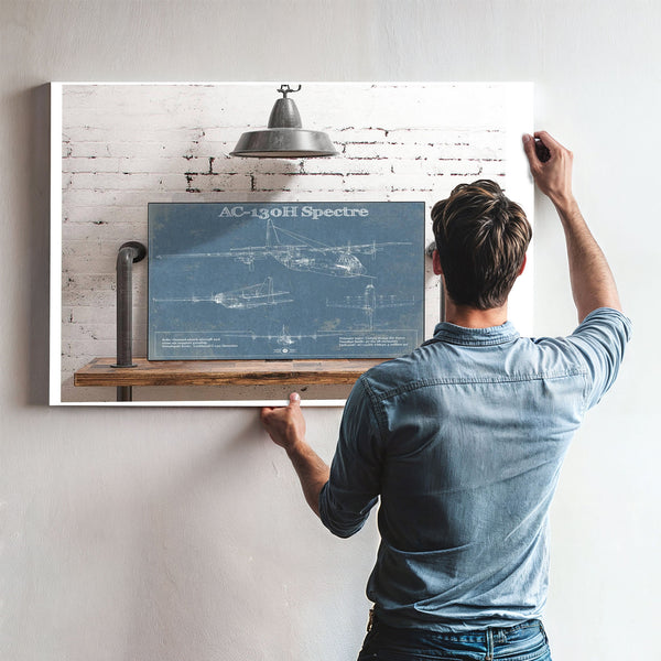 Lockheed AC-130H Spectre Blueprint Aviation Print framed in Vintage Black above a mid-century record console