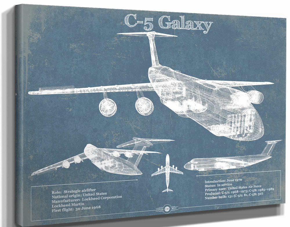 14" x 11" / Stretched Canvas Wrap Cutler West Lockheed C-5 Galaxy Vintage Aviation Blueprint Military Print