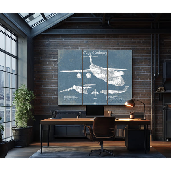 Lockheed C-5 Galaxy Blueprint Aircraft Print as a 3 panel canvas wrap in an industrial loft office