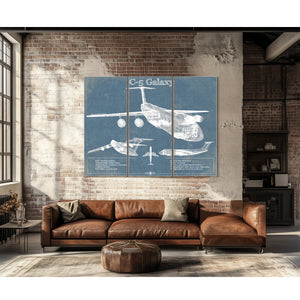 Lockheed C-5 Galaxy Blueprint Aircraft Print as a 3 panel canvas wrap above a leather sofa