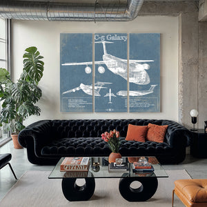 Lockheed C-5 Galaxy Blueprint Aircraft Print as a 3 panel canvas wrap in a modern living room