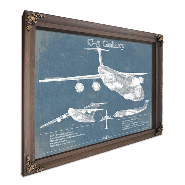 Lockheed C-5 Galaxy Blueprint Aircraft Print in a Bourbon stained wood frame with antique gold corners