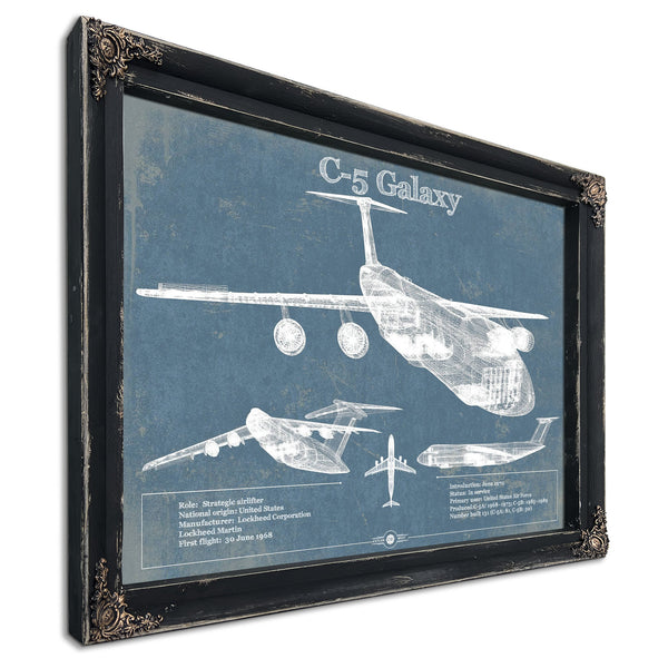 Lockheed C-5 Galaxy Blueprint Aircraft Print in a distressed Vintage Black wood frame with ornate corners