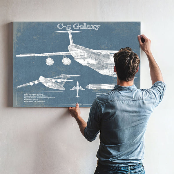 Lockheed C-5 Galaxy Blueprint Aircraft Print framed in Vintage Black above a mid-century record console