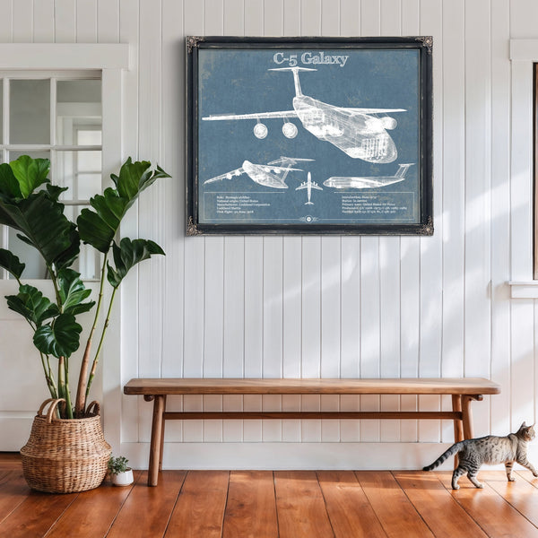Lockheed C-5 Galaxy Blueprint Aircraft Print framed in Vintage Black above a rustic console table