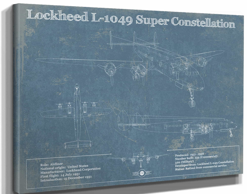 14" x 11" / Stretched Canvas Wrap Cutler West Lockheed L-1049 Super Constellation Vintage Blueprint Airplane Print