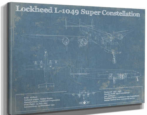 14" x 11" / Stretched Canvas Wrap Cutler West Lockheed L-1049 Super Constellation Vintage Blueprint Airplane Print