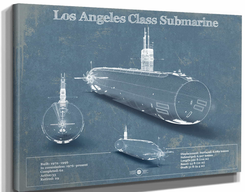 14" x 11" / Stretched Canvas Wrap Cutler West Los Angeles-class submarine Blueprint Patent Original Art