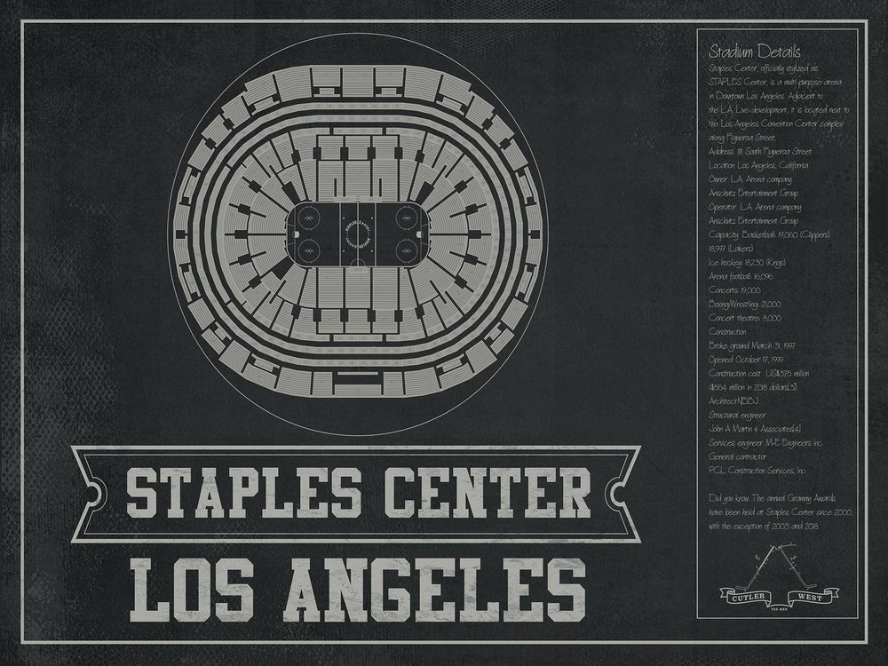 14" x 11" / Stretched Canvas Wrap Cutler West Los Angeles Kings Team Colors - Staples Center (Crypto.com Arena) Vintage Hockey Blueprint NHL Print