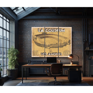 Los Angeles Rams LA Coliseum Seating Stadium Print as a 3 panel canvas wrap in an industrial loft office