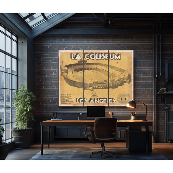 Los Angeles Rams LA Coliseum Seating Stadium Print as a 3 panel canvas wrap in an industrial loft office