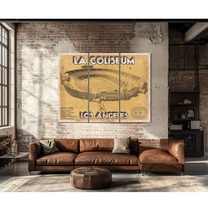 Los Angeles Rams LA Coliseum Seating Stadium Print as a 3 panel canvas wrap above a leather sofa